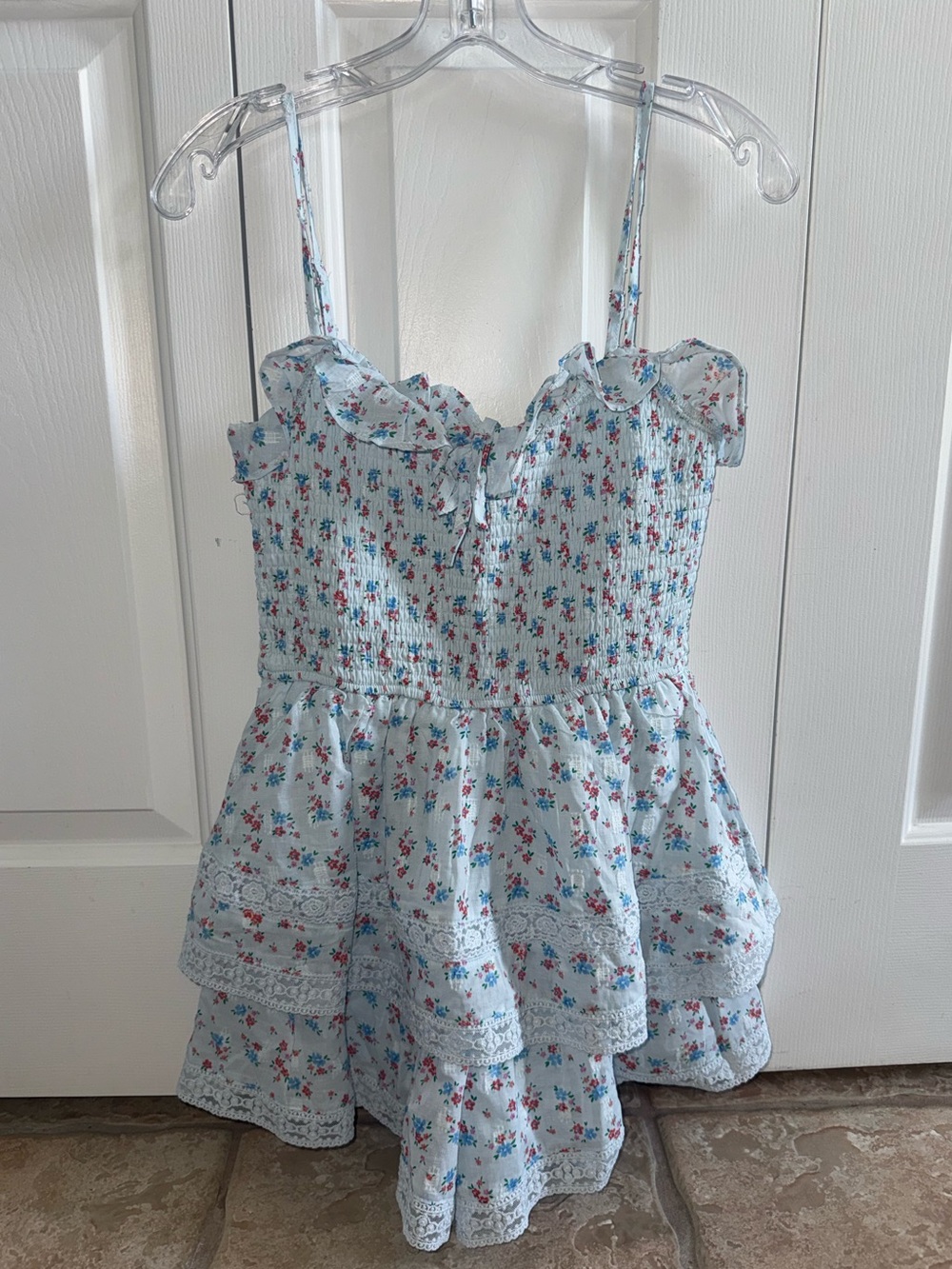 Altar’d State Blue Floral Print Smocked Ruffle Lace Romper Style Dress